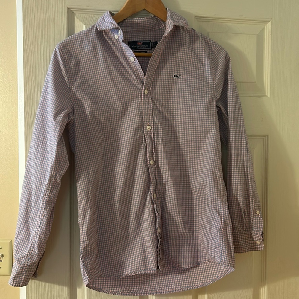Boy Vineyard Vines dress shirt sz L-16 pink/blue used
